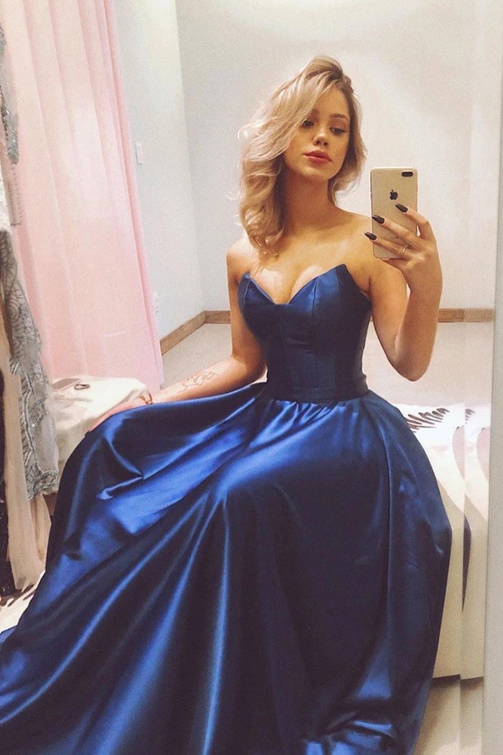 Simple Satin Dark Royal Blue Strapless Long Prom Evening Dresses MP39