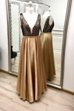 A-line V-neck Satin Long Prom Dresses Formal Gown With Beading MP45