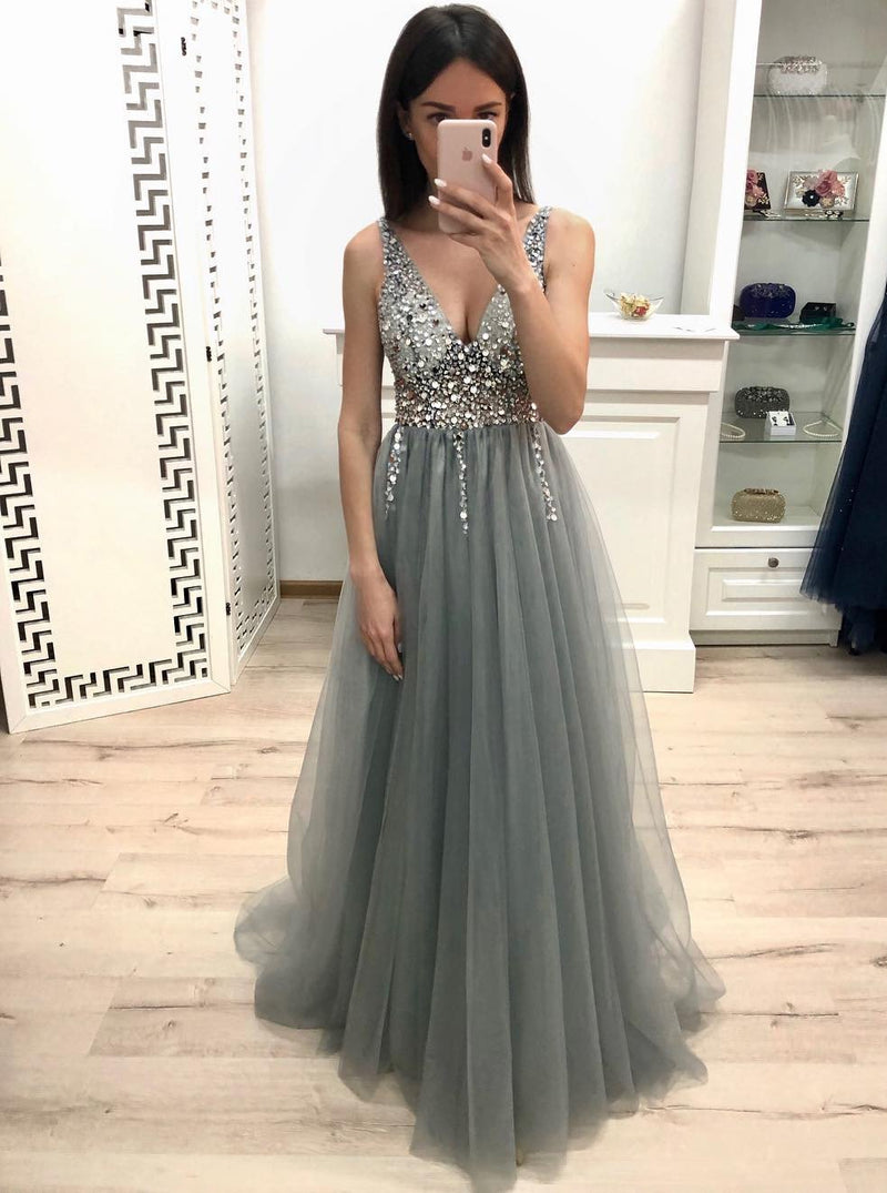 Sparkly A-line V-neck Beading Dusty Grey Long Prom Party Dresses MP46
