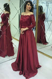 Modest Lace Long Sleeves Satin Burgundy Prom Evening Dresses MP65