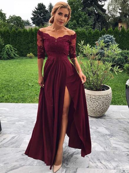 off shoulder 1 2 sleeves burgundy prom dress a line party gown with slit