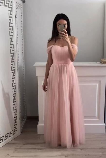 off shoulder chiffon long prom gown pink bridesmaid dresses
