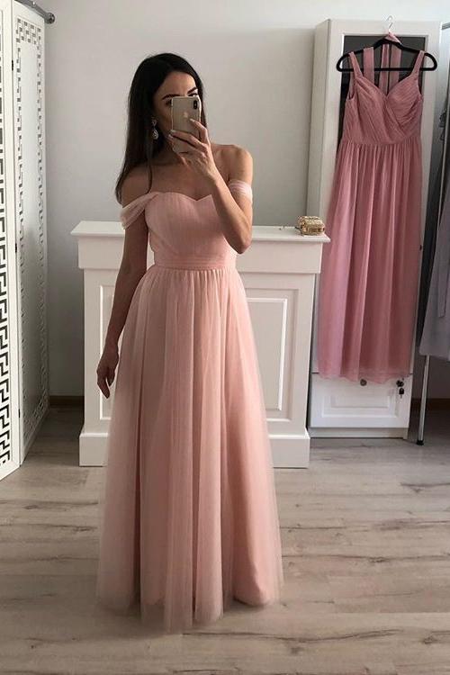off shoulder chiffon long prom gown pink bridesmaid dresses