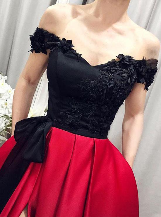 off the shoulder appliques black burgundy long prom slit formal dress