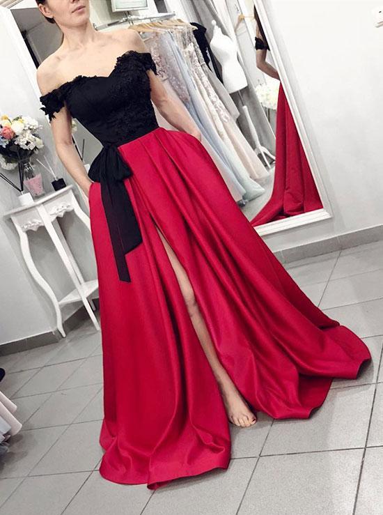 off the shoulder appliques black burgundy long prom slit formal dress