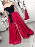 Off-The-Shoulder Appliques Black/Burgundy Long Prom Slit Formal Dress MP955