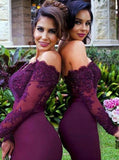 off shoulder long sleeves purple mermaid bridesmaid dresses with lace applique