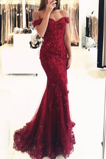 off the shoulder mermaid tulle beaded burgundy prom evening dress