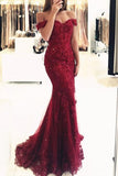 off the shoulder mermaid tulle beaded burgundy prom evening dress