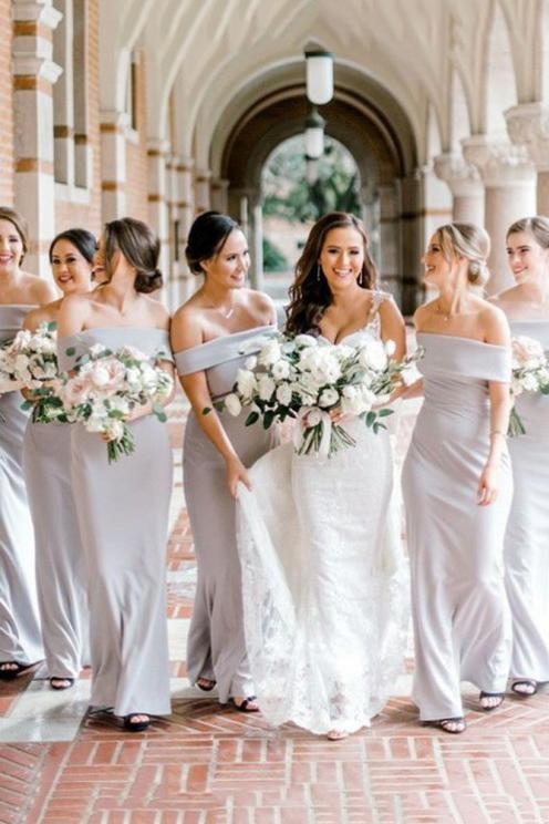 off the shoulder sheath column long bridesmaid dresses