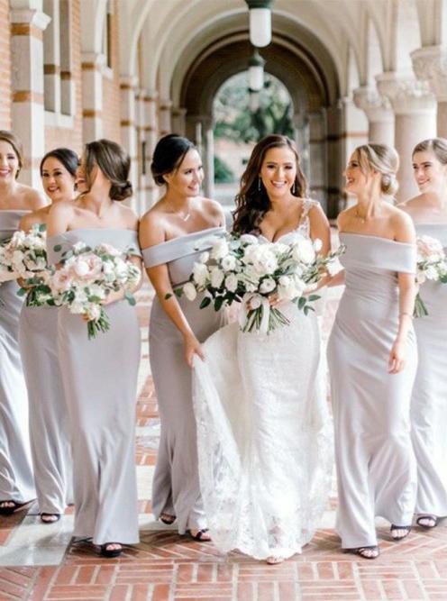 off the shoulder sheath column long bridesmaid dresses