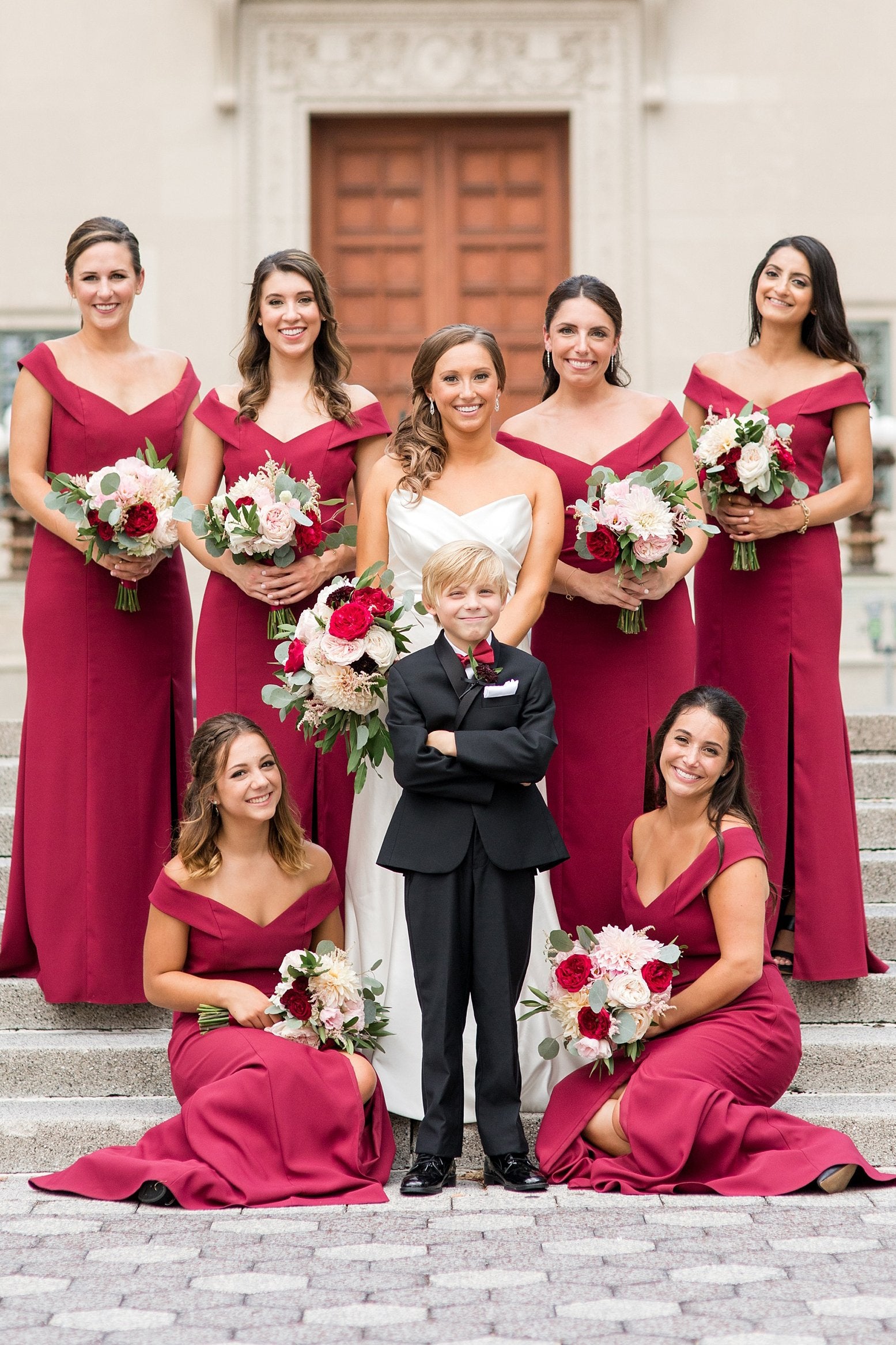 off the shoulder sheath burgundy simple bridesmaid dresses with split