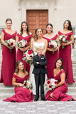 off the shoulder sheath burgundy simple bridesmaid dresses with split
