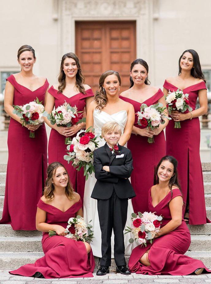 off the shoulder sheath burgundy simple bridesmaid dresses with split