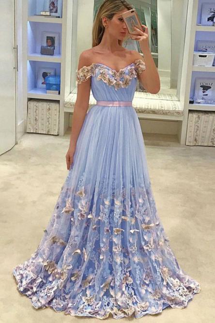 off the shoulder tulle butterfly appliques long prom dresses