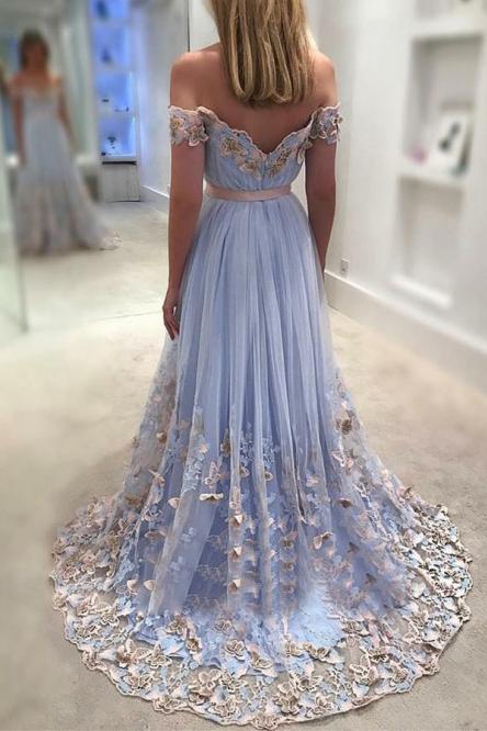 off the shoulder tulle butterfly appliques long prom dresses