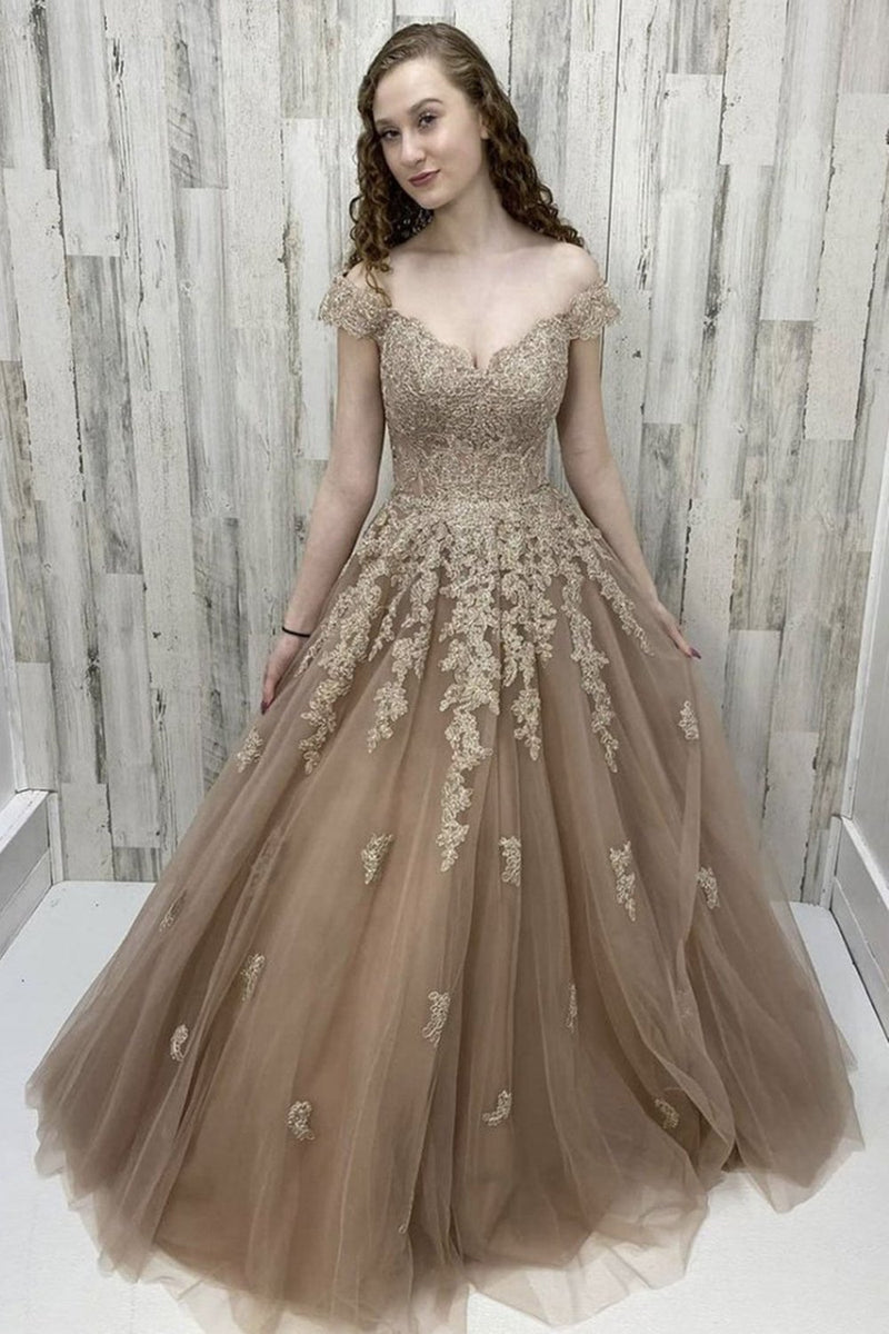 princess off shoulder champagne lace tulle long prom dress