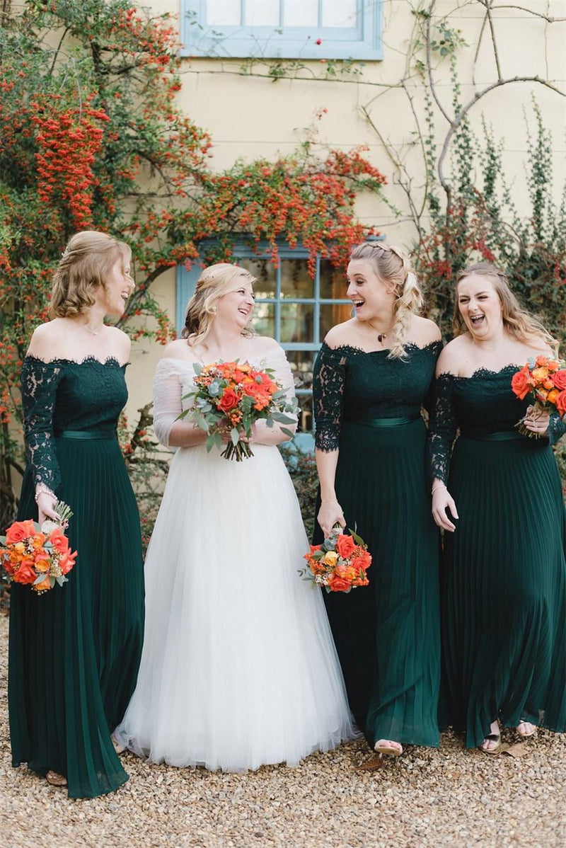 Off Shoulder Emerald Green Lace Long Sleeves Chiffon Bridesmaid Dresses GB396