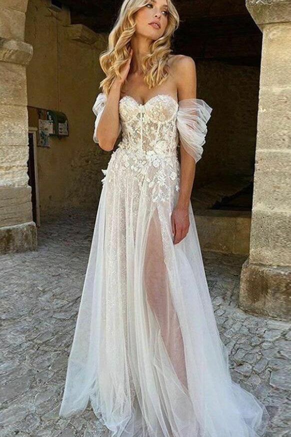 off shoulder lace appliques tulle beach wedding dresses a line bridal dress