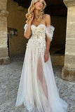 off shoulder lace appliques tulle beach wedding dresses a line bridal dress
