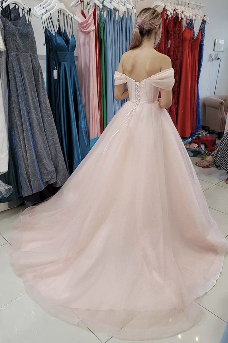 pink tulle princess long prom dress off the shoulder formal dress
