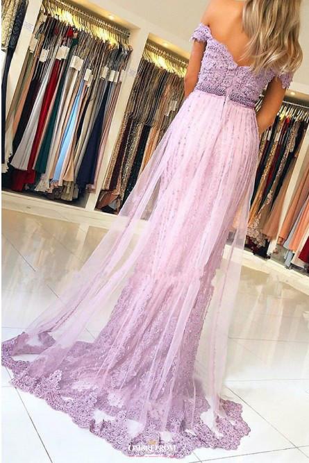 off shoulder tulle lace mermaid prom dress with beaded appliques
