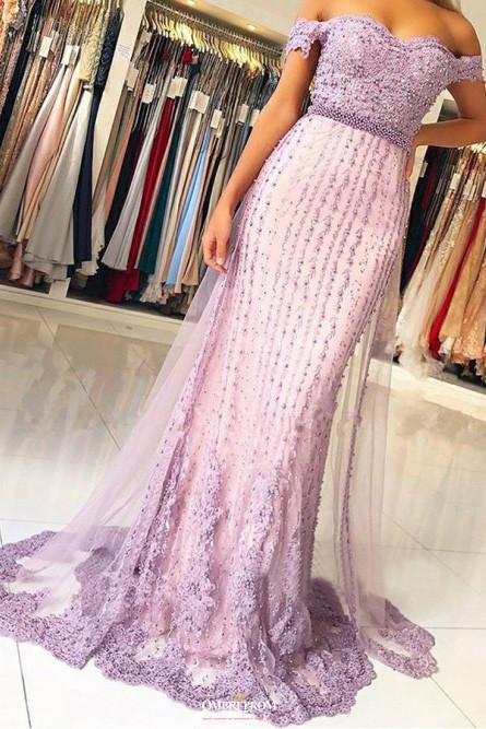off shoulder tulle lace mermaid prom dress with beaded appliques