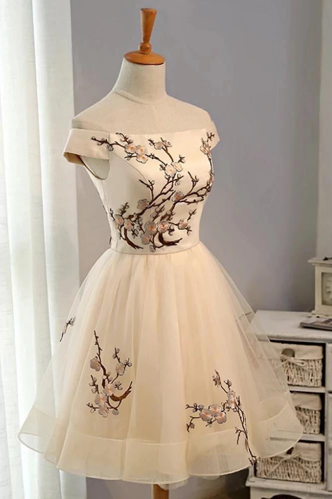 off the shoulder a line short tulle homecoming dress with appliques