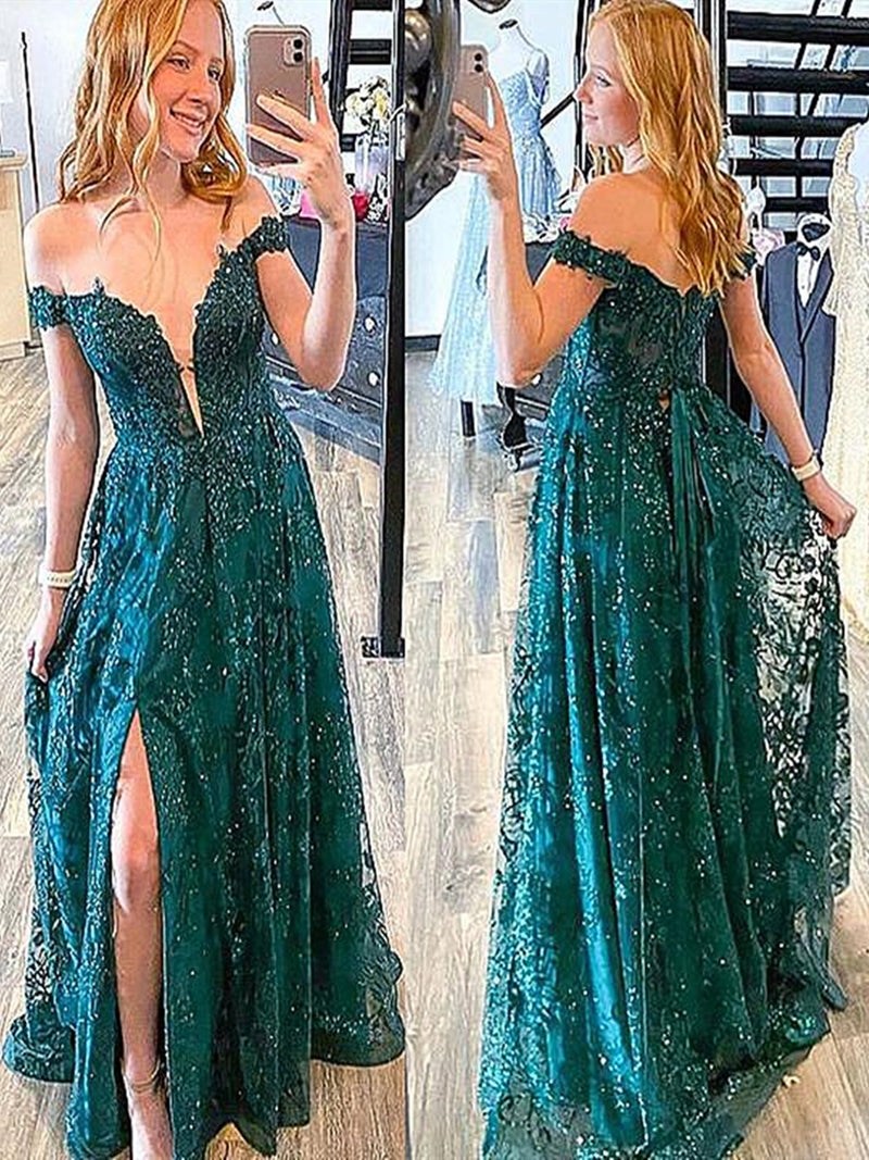 off the shoulder green lace floor length prom dresses with split