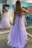 sparkly tulle a line prom dresses with lace appliques lilac formal dress