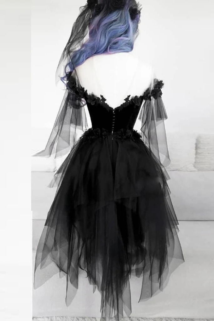 off shoulder lace applique black tulle short homecoming graduation dresses