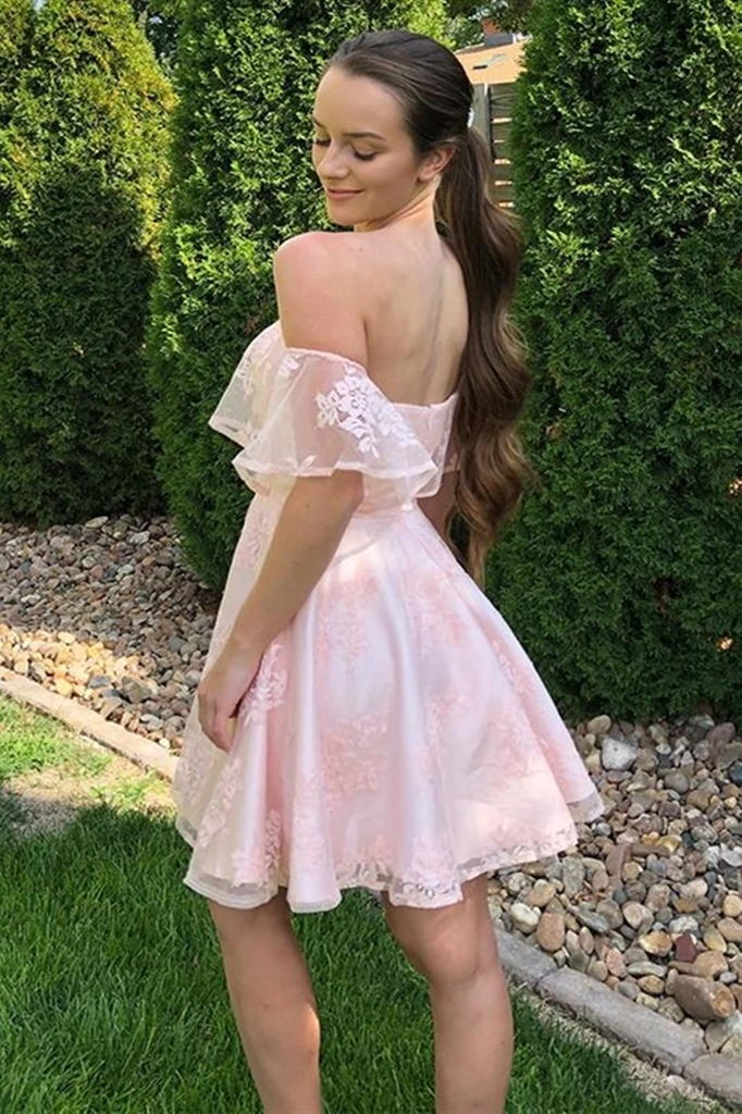 off shoulder pink lace short graduation homecoming dresses