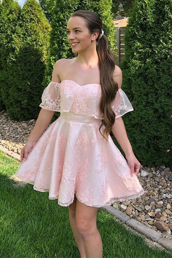 off shoulder pink lace short graduation homecoming dresses