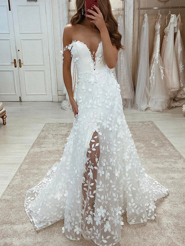 unique off the shoulder a line lace beach long wedding dresses with slit