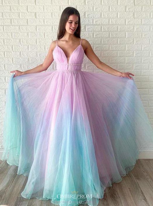 a line ombre long prom dress v neck beaded graduation gown