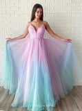 a line ombre long prom dress v neck beaded graduation gown