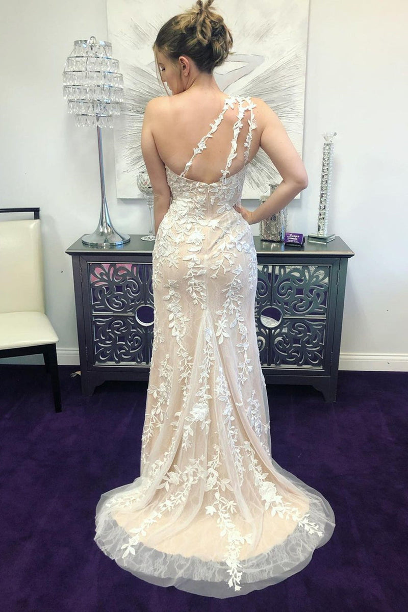 one shoulder tulle lace long prom dress with high slit lace formal graduation dress