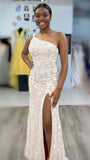 one shoulder tulle lace long prom dress with high slit lace formal graduation dress