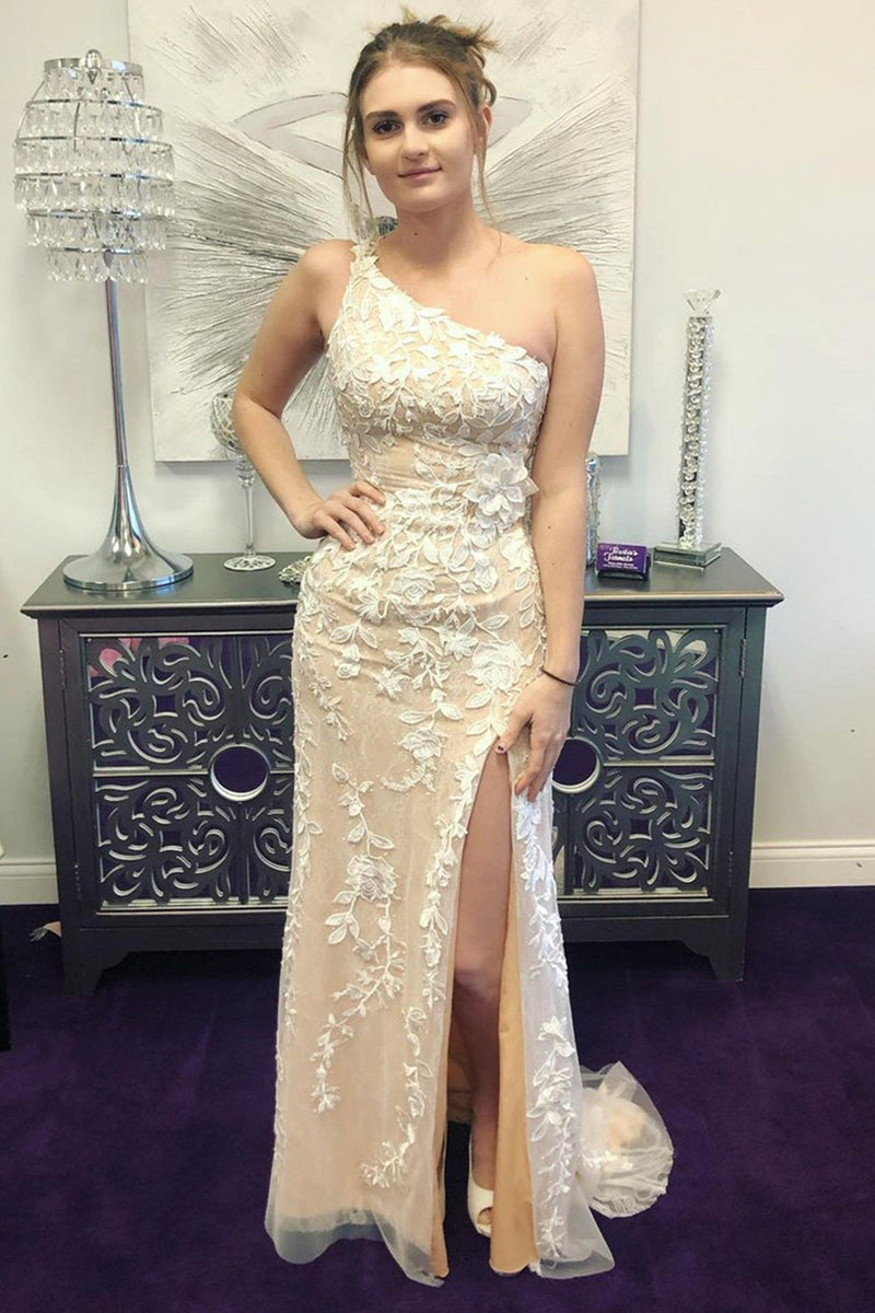 one shoulder tulle lace long prom dress with high slit lace formal graduation dress