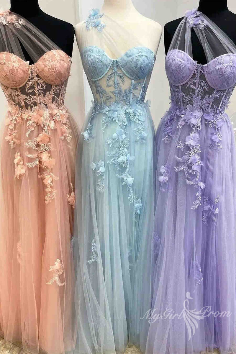 one shoulder lavender prom dresses with appliques tulle graduation dresses with split