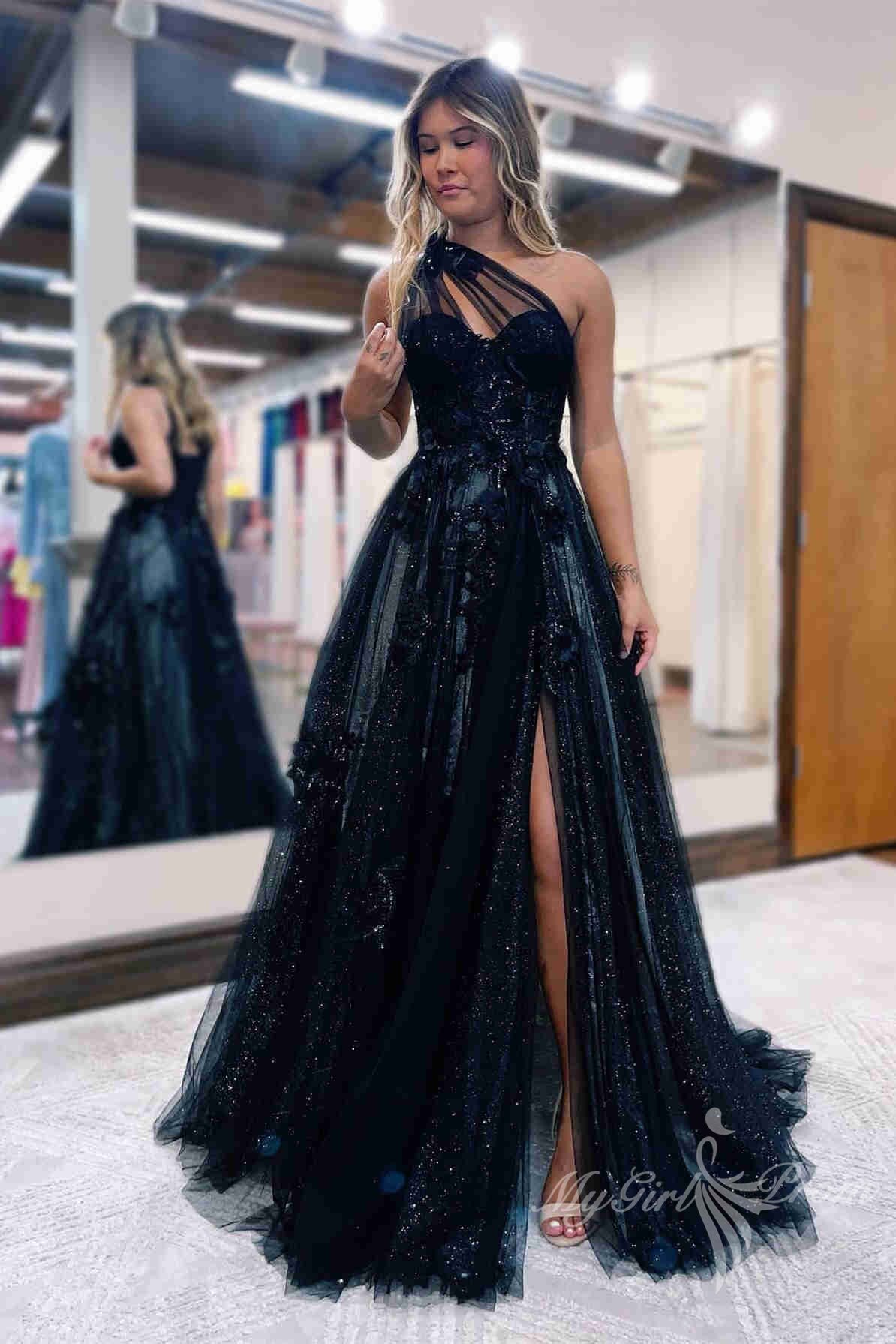 one shoulder lavender prom dresses with appliques tulle graduation dresses with split