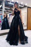 one shoulder lavender prom dresses with appliques tulle graduation dresses with split