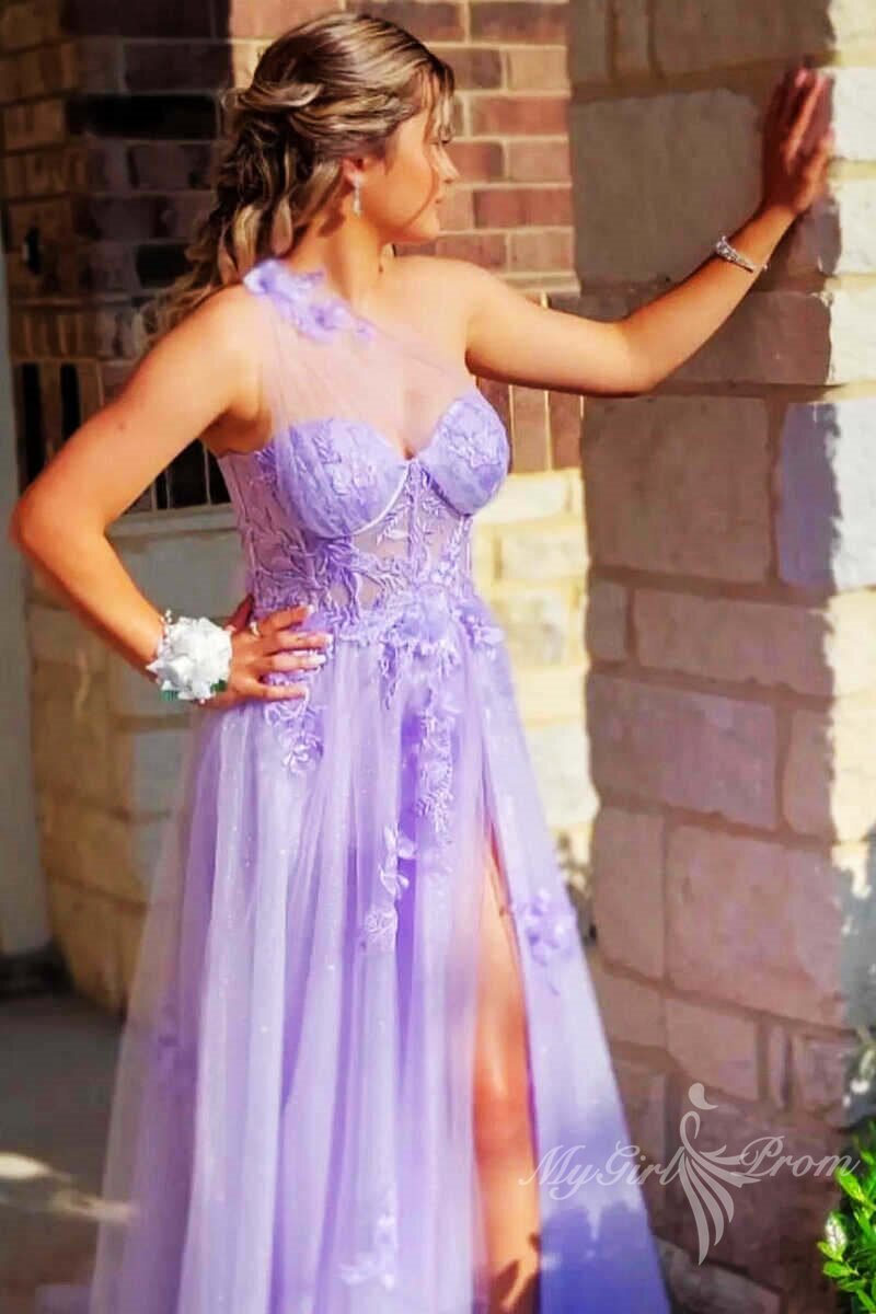 one shoulder lavender prom dresses with appliques tulle graduation dresses with split