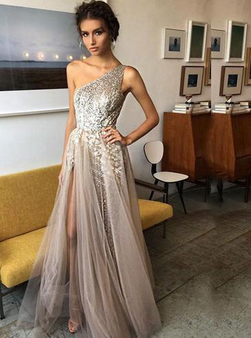 one shoulder a line sequins evening dress with beads long split prom dress