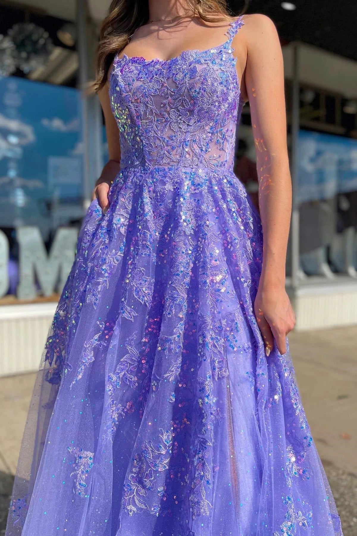 tulle long slit prom dresses with sequins lavender evening dresses