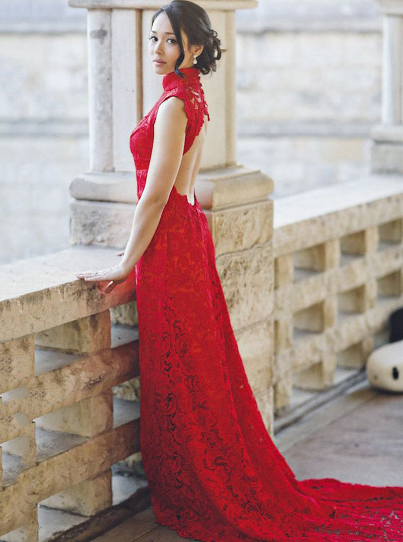 elegant high neck sheath red lace prom dress open back formal evening dress