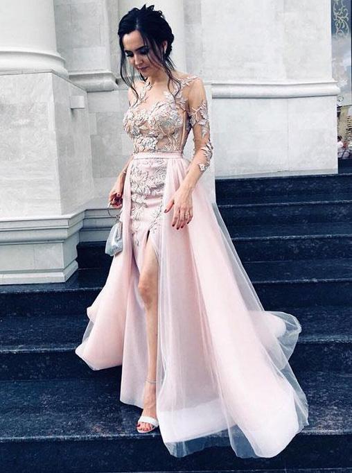 overskirt tulle prom dress jewel long sleeves with appliques split sheath evening dresses