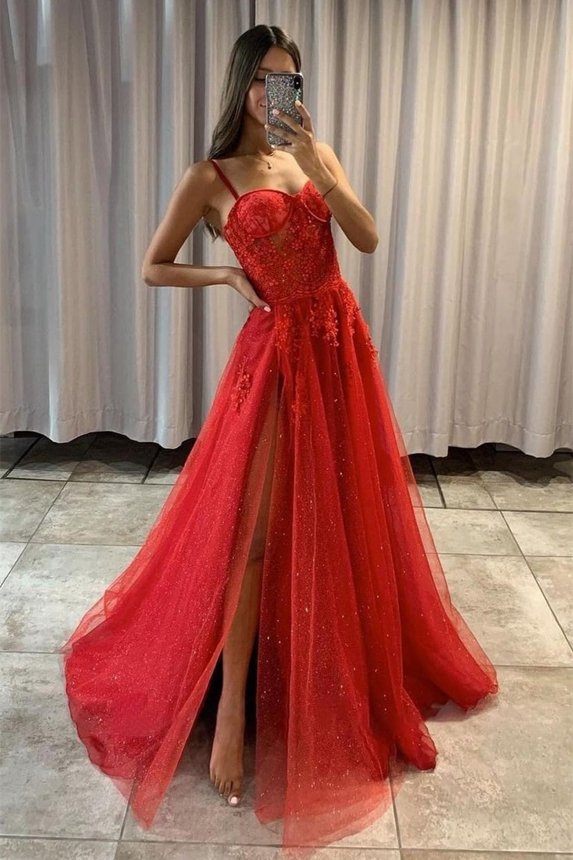 high split sparkly sweetheart long prom dresses shiny lace applique formal dresses