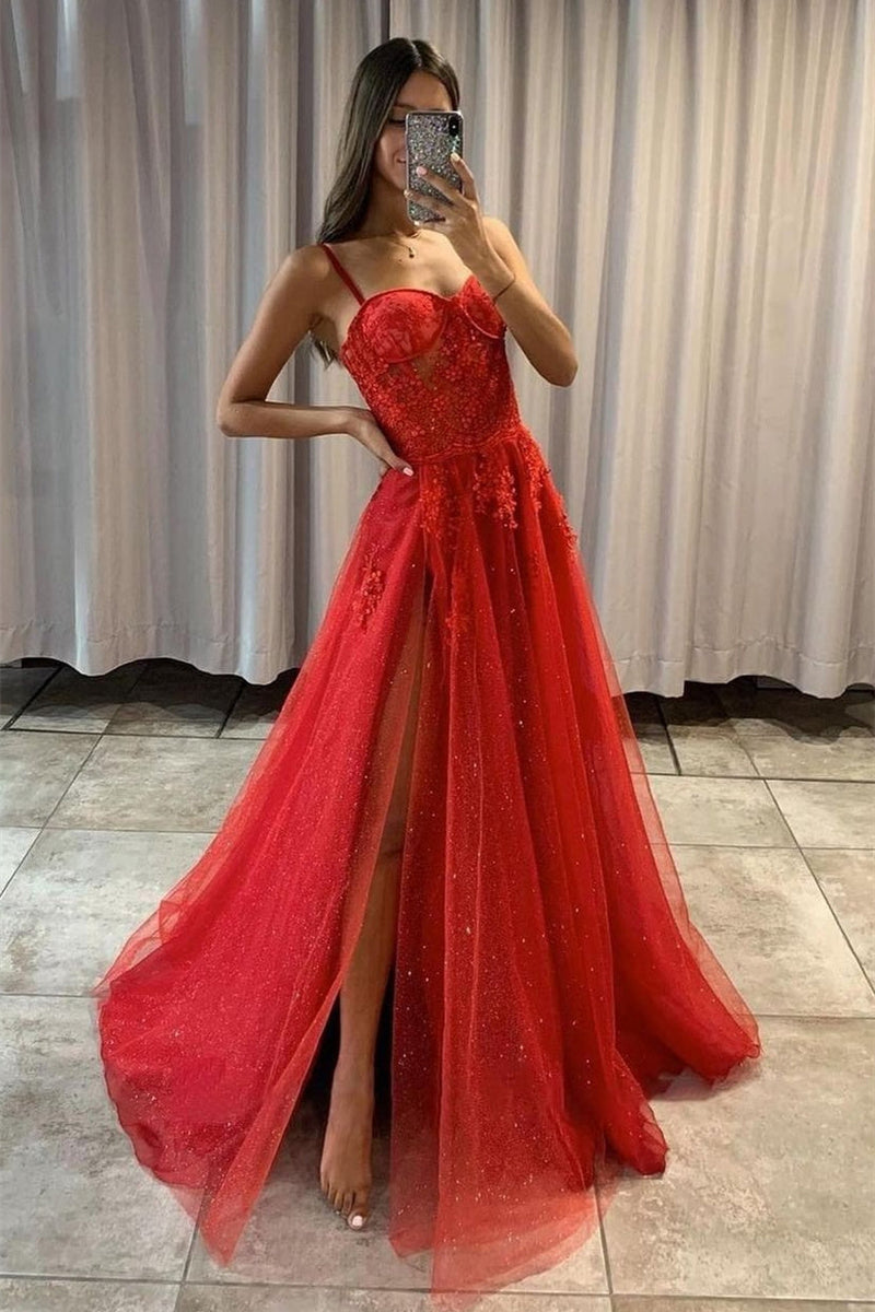 high split sparkly sweetheart long prom dresses shiny lace applique formal dresses