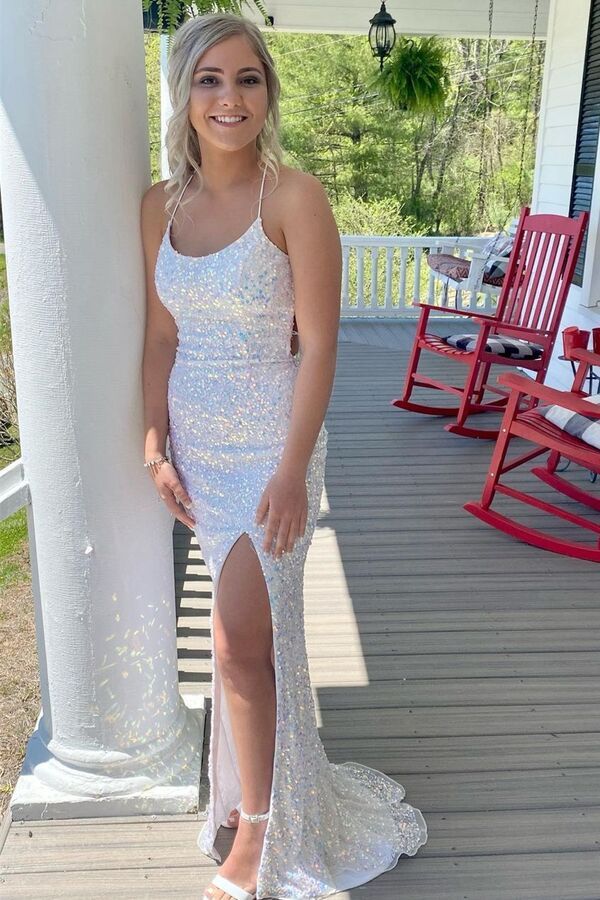 backless mermaid white sequins long prom dress evening gown with slit